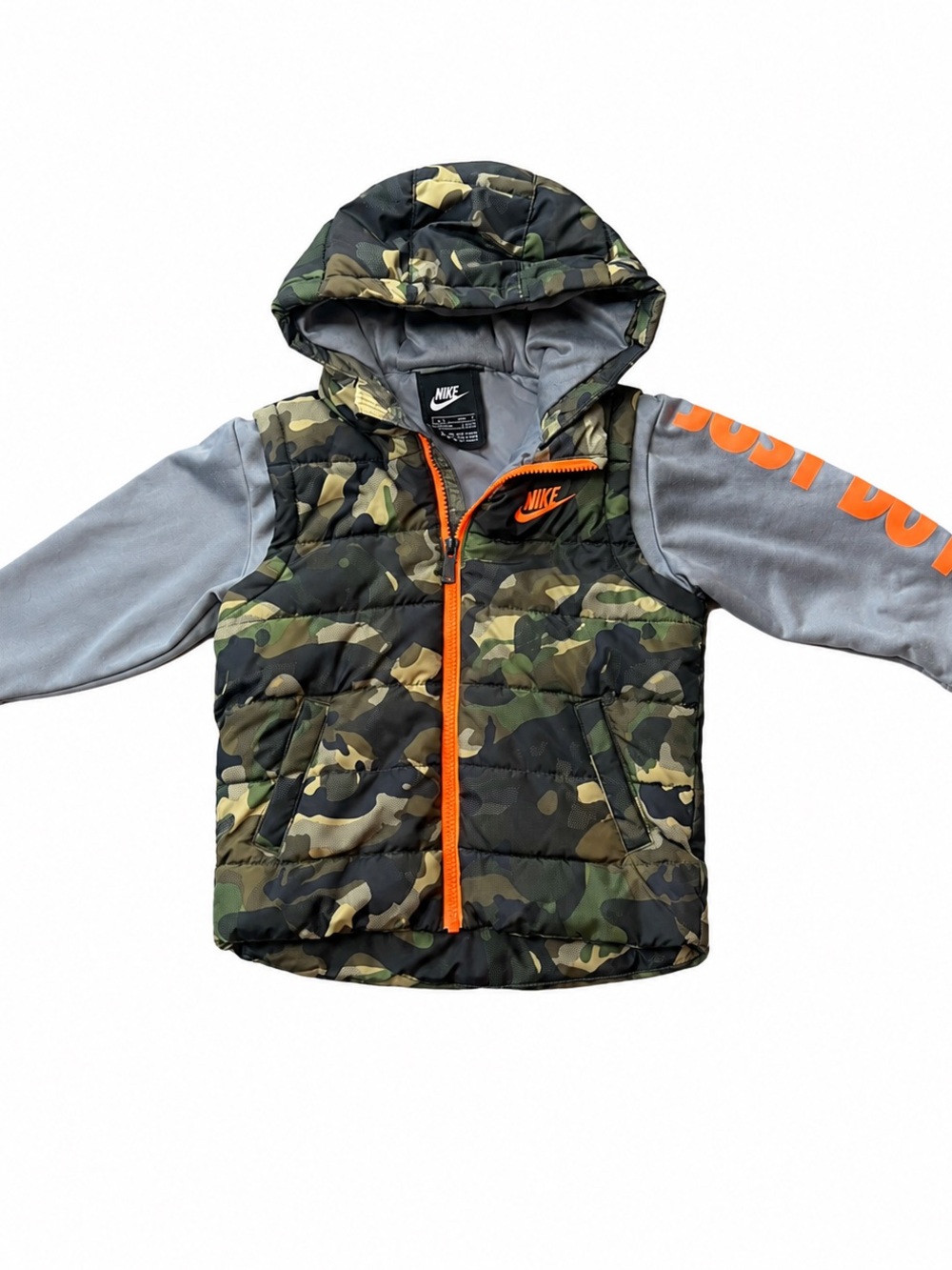 Nike Kids Camo Puffer Vest with Hood and Orange Trim